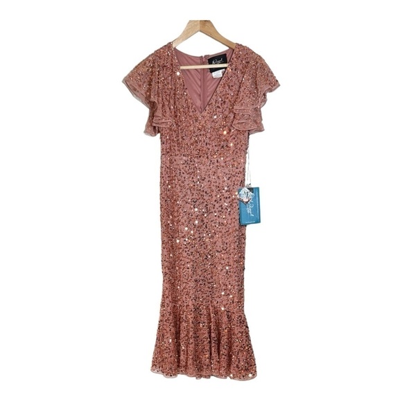 Mac Duggal Sequin Ruffle Midi Gown in Rose Gold NWT - Picture 3 of 11